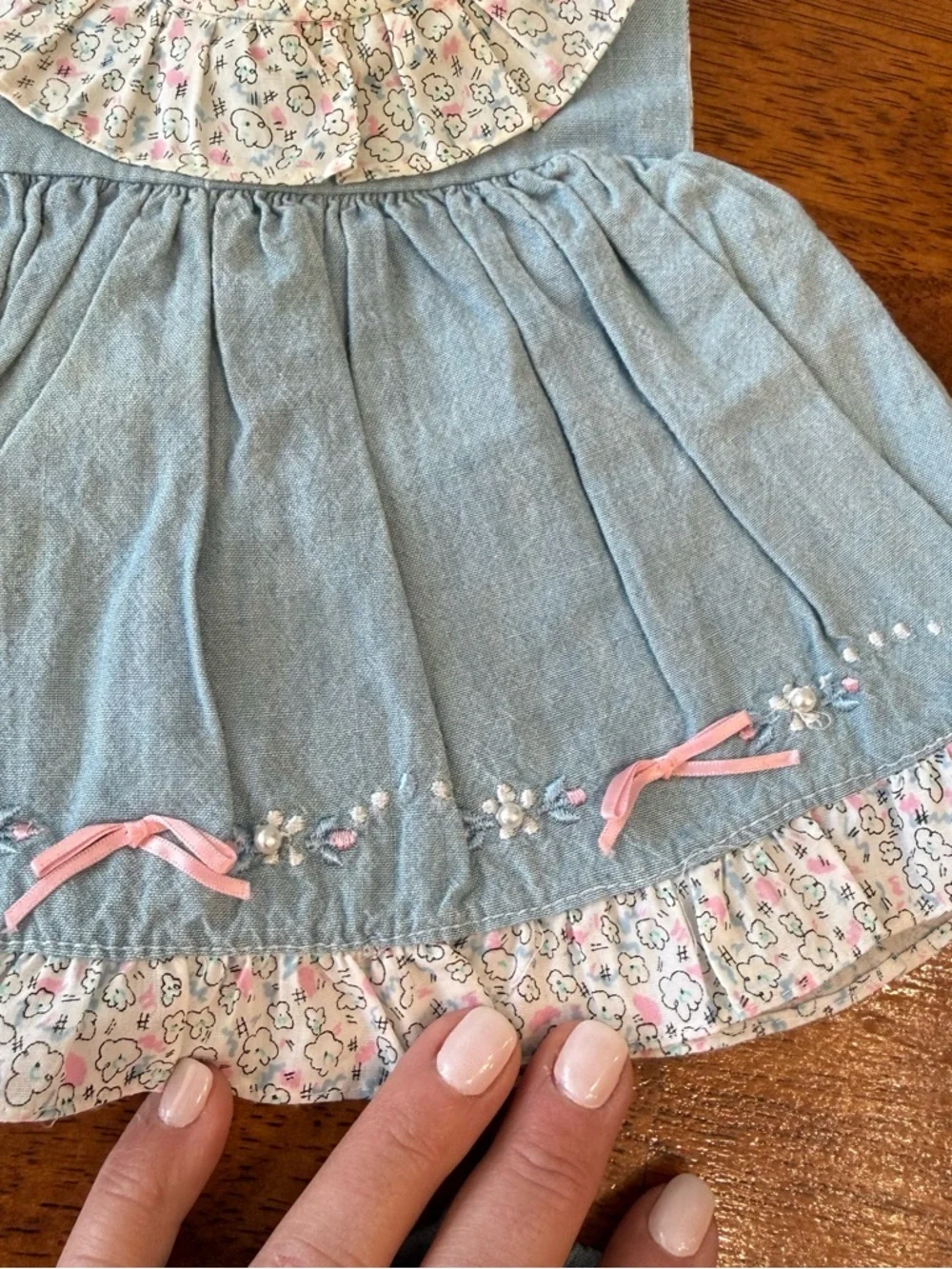 Vintage Mayfair Baby Blue Floral Trim Two-Piece Dress & Bloomers set newborn